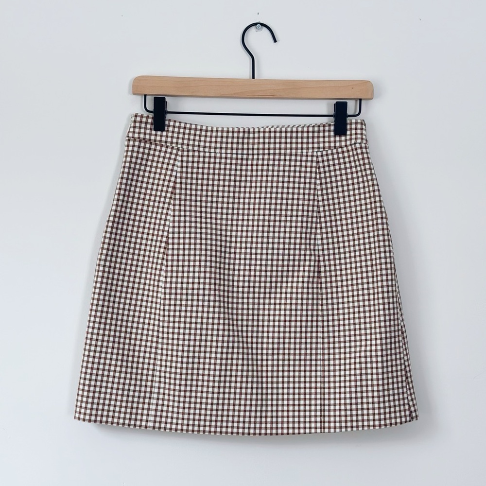 NWOT Women’s Theory Plaid Tan Checkered Mini Skirt - Picture 3 of 7